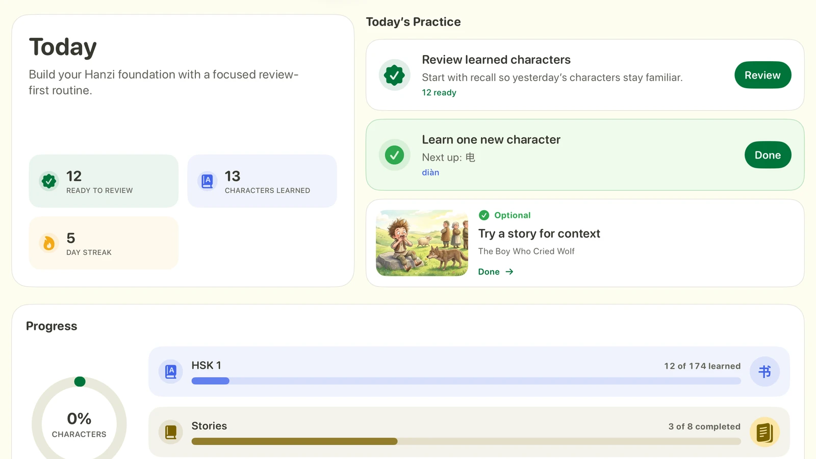 Strokie Today screen with character review, a new character, and recent lessons.