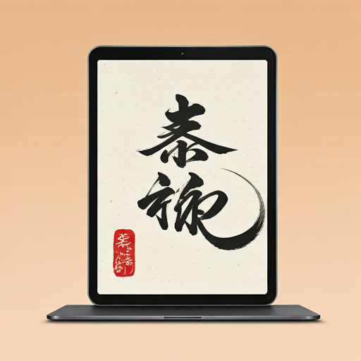 iPad mockup showing a digital canvas with elegant Hanzi calligraphy strokes being traced on a warm paper-like surface.