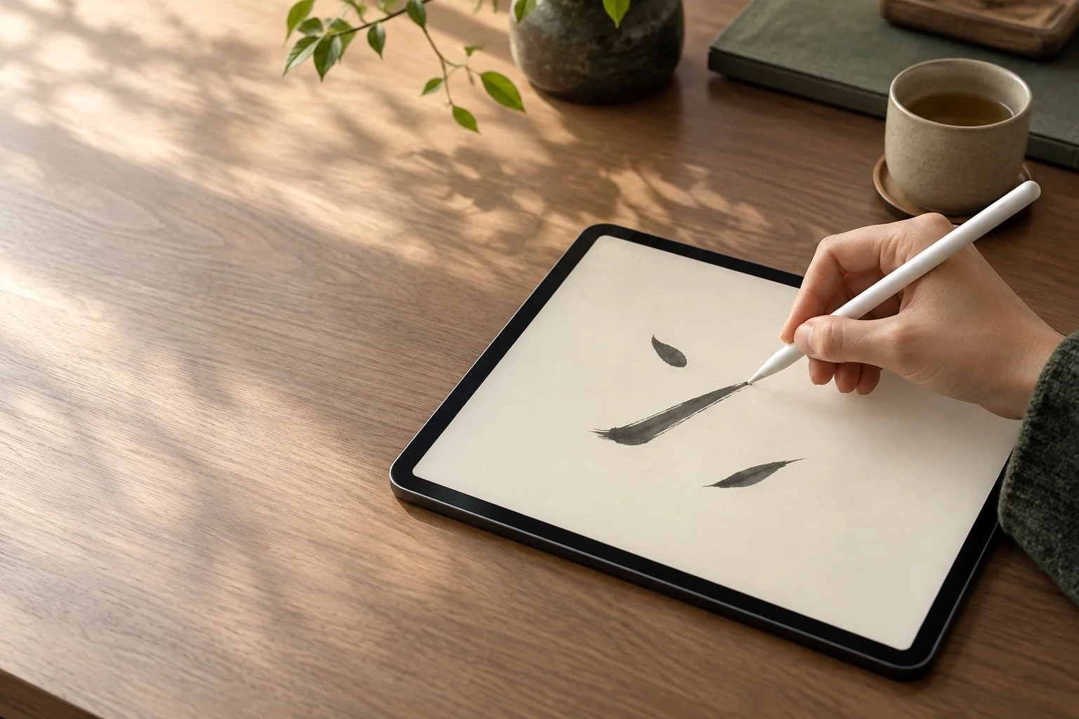 A learner practicing brush strokes on an iPad with a stylus at a desk.