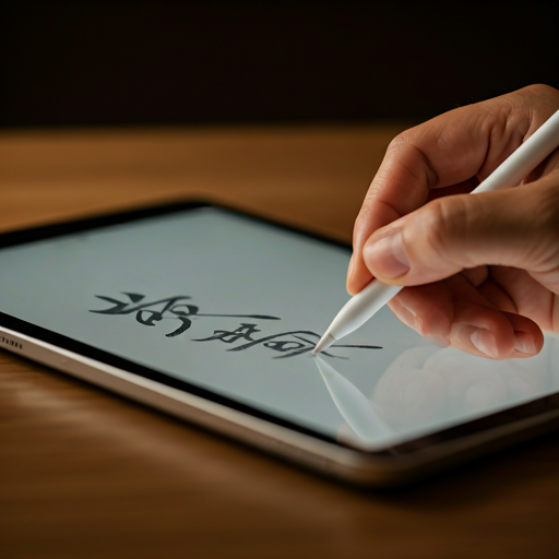 Close up of a hand holding an Apple Pencil tracing delicate Hanzi characters on an iPad screen.